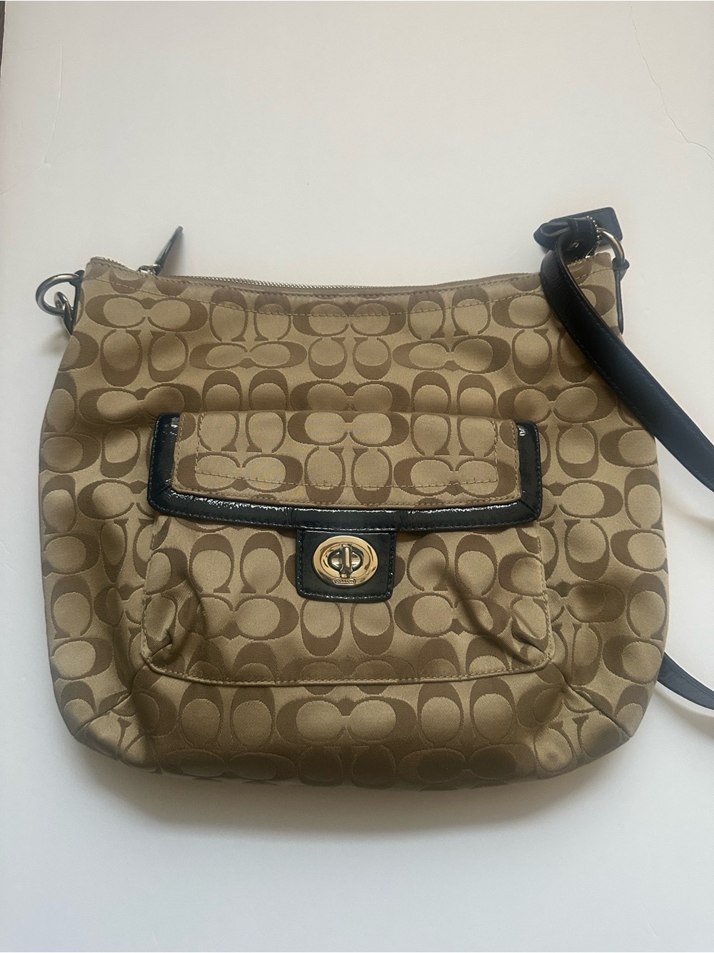 Coach Tan Signature Canvas Crossbody with Black Trim and Turn-Lock